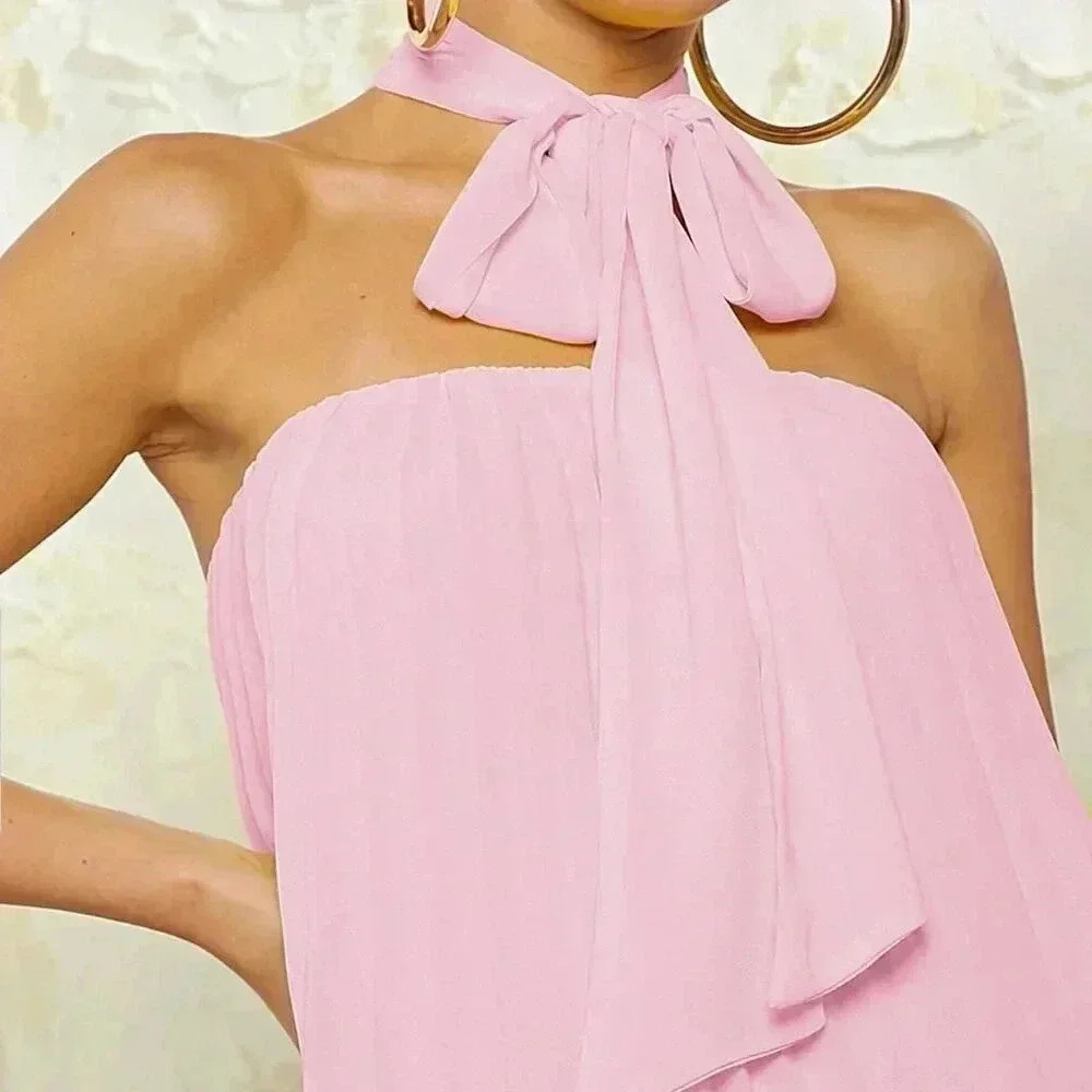 Pink Casual Women's Neck Tie Pleated Dress - Picture 3 of 8